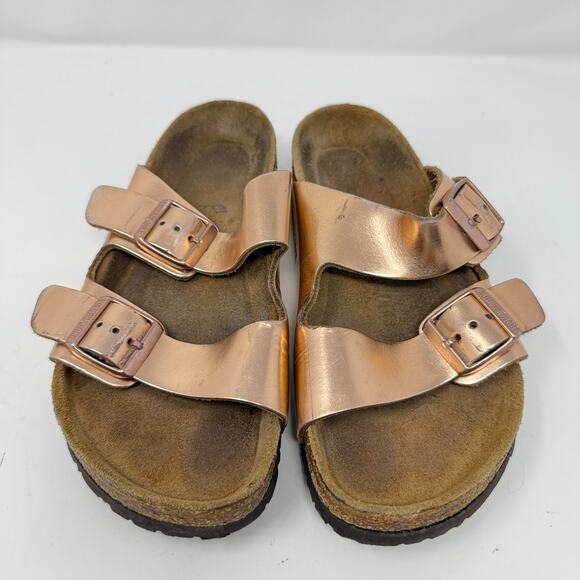 Birkenstock Size 36 Arizona Soft Footbed Sandals Rose Gold Metallic Slip On Flat - Picture 3 of 8